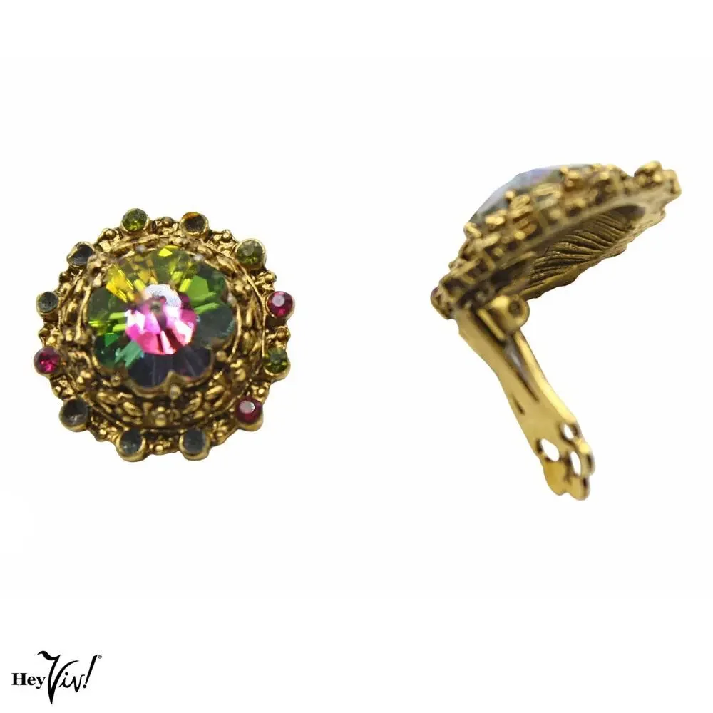 Vintage Aurora Borealis Rhinestone Clip-On Earrings Gold Tone 1